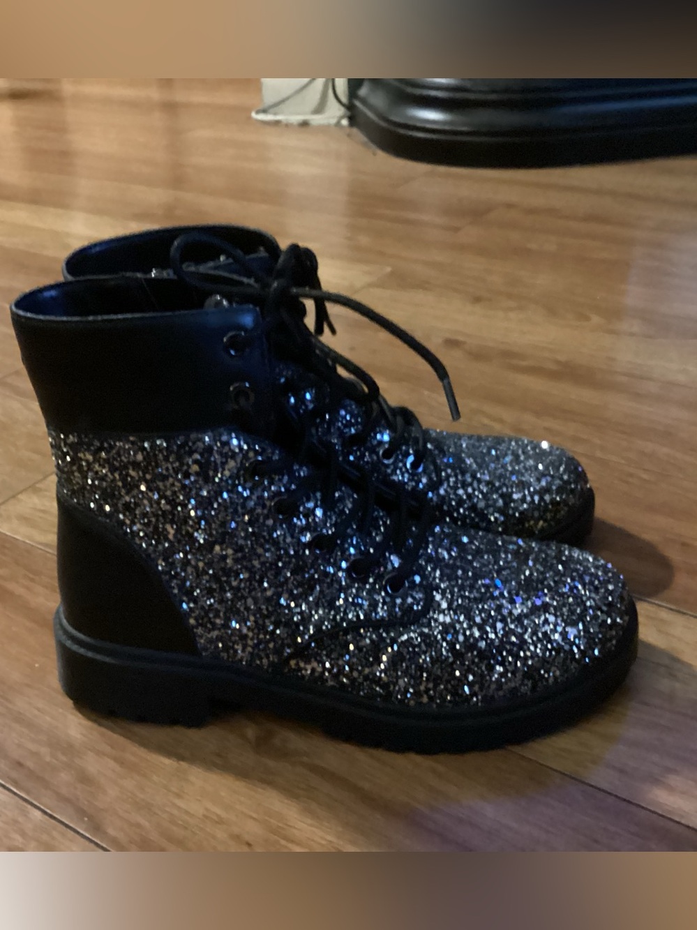 Women’s New Michael Kors Black Combat Boots with Black & Silver Glitter Size 7 M